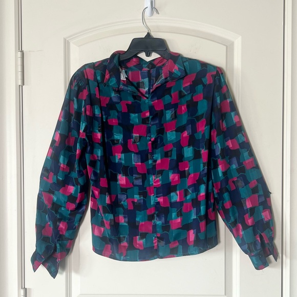 Vintage Jonathan Martin pleated front geometric retro blouse with shoulder pads - Picture 5 of 9